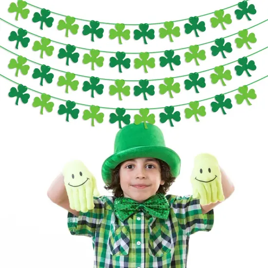 St Patricks Day Decorations 4PCS Felt Shamrock Garland Banner - NO DIY Shamrock Clover Garland Banner for St Patricks Day Decor - Dark Green Light Green for Irish Party Supplies {3}