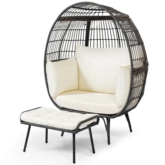Costway 2 PCS Patio Wicker Lounge Basket Set Oversized Egg Chair with Soft Cushions {2}