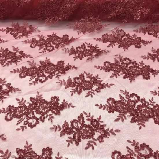 1 Yard Burgundy Sequin Lace Fabric 54&Prime; Wide Polyester Blend Embroidered Mesh {1}