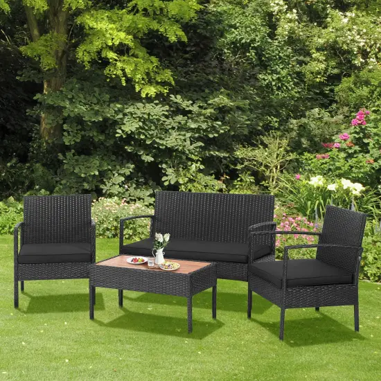 Costway 4PCS Patio Rattan Furniture Set Cushioned Chair Wooden Tabletop Black {2}