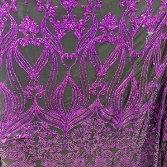1 Yard Black Iridescent Purple Damask Embroidered Mesh Lace Fabric 48-50&Prime; Wide 100% Polyester {1}