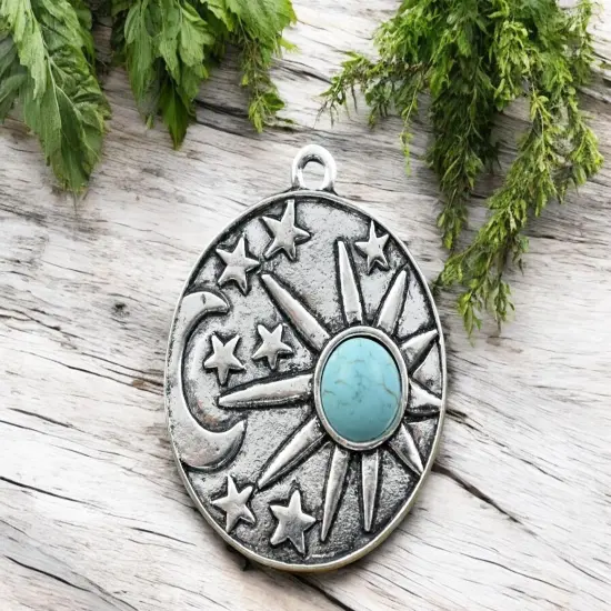 34x29mm Antique Silver w/Turquoise Sun Moon Pendants - 6pcs {1}