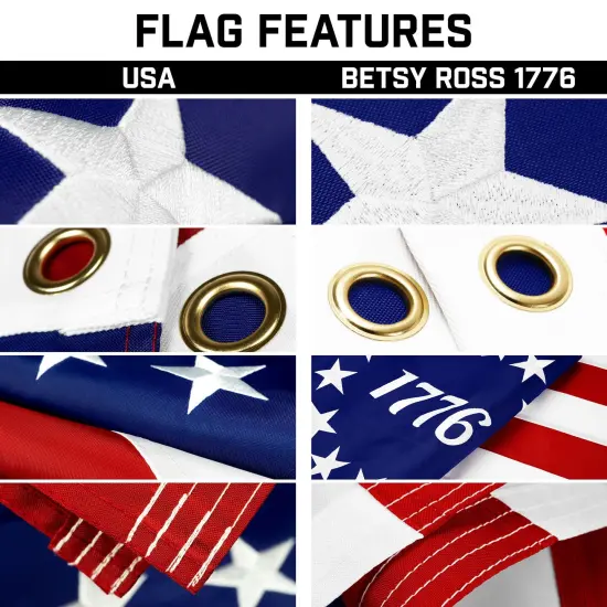G128 Combo Pack: 20 Ft Telescoping Aluminum Flagpole (Silver) & American and Betsy Ross 1776 Flags 3x5 Ft, Both ToughWeave Series Embroidered Polyester | Pole with Flags Included {3}