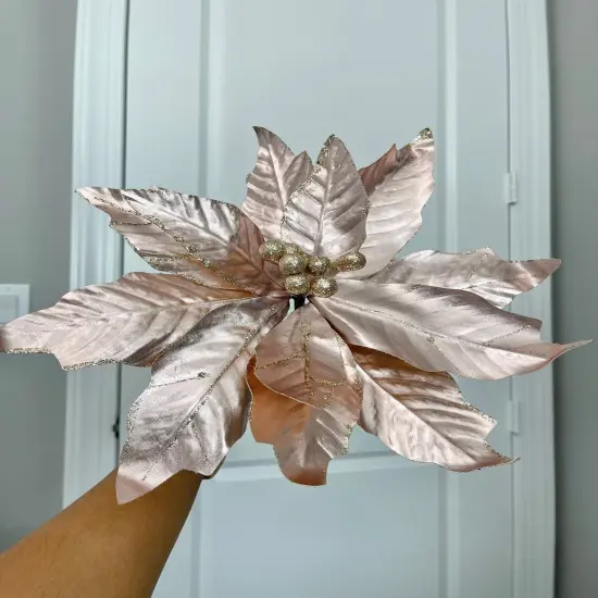 Rose Gold Metallic Poinsettia Flower Stem 14&rdquo; set of 3 {2}