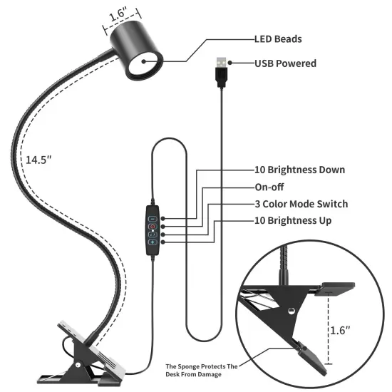 Arts Desk Lamp,USB Clip On Light,3 Color Modes,10 Brightness Levels,360&deg; Gooseneck LED Reading Light,Eye-Care for Home Office,Headboards, Black {1}
