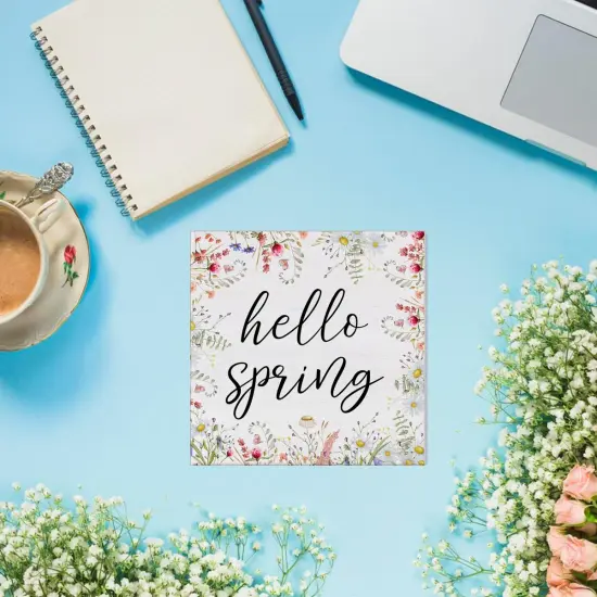 Spring Decor Farmhouse Desk Decorations Wooden Sign, Hello Spring Wood Plaque Block Sign Rustic Home Decor 5 x 5 Inches {4}