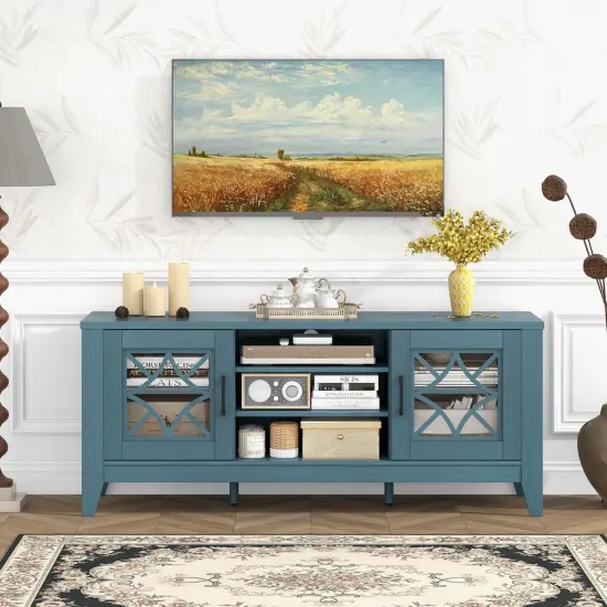 Costway TV Stand for TVs up to 65" with 3-Position Adjustable Shelves Tempered Glass Doors Black/Teal Blue {2}