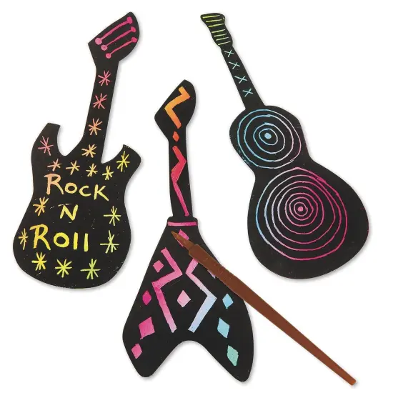 Scratch Artist Guitar Shapes, Cardstock Acoustic & Electric Guitars. For Kids & Adults, Incl. 16 each of 3 Different Guitars & 48 Reusable Scratch Tools. Guitars are 7" to 9" L. 48 Total Projects. {1}