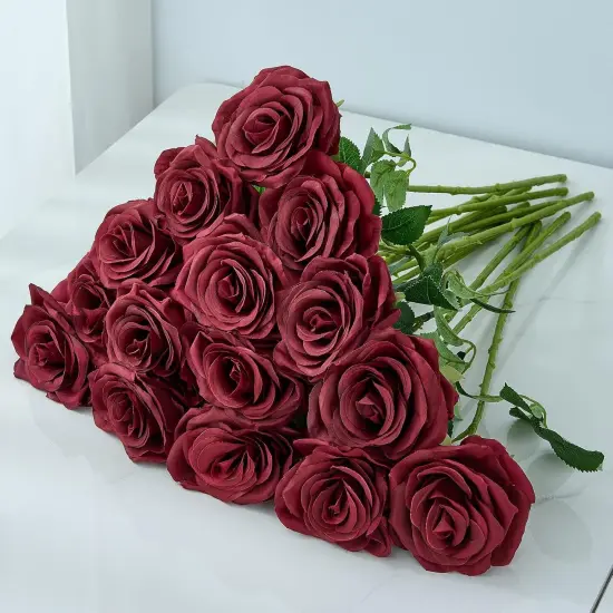 15pcs Artificial Rose Flowers Long Stem Burgundy Fake Silk Roses {4}
