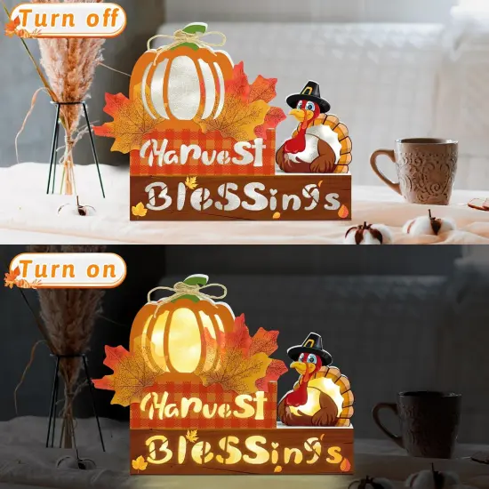 Wooden Thanksgiving Tabletop Decor Lighted Block Sign Fall Decorations {5}
