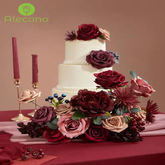 Artificial Flowers Burgundy Silk Fake Flowers Bouquets {4}