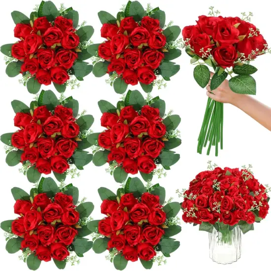 108 Pcs Artificial Silk Rose Bouquet Flowers - Red {1}