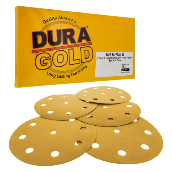 320 Grit - 5" Gold DA Sanding Discs - 9-Hole Pattern Hook and Loop - Box of 50 {1}