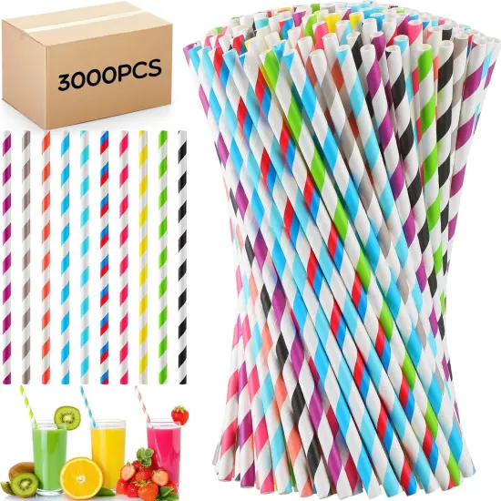 Eaasty 3000 Pcs Colored Paper Straws Bulk Disposable Striped Drinking Paper Straws for Summer Juice, Shakes, Cocktail,7.87 Inches, 0.24'' Diameter {1}