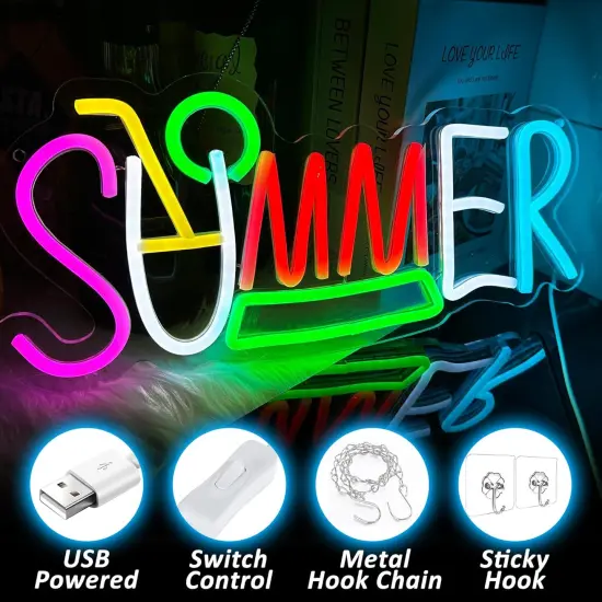 Summer Neon Surf Wave Sign &ndash; USB Powered Tropical LED Wall Decor for Bar, Game Room & Living Room {3}