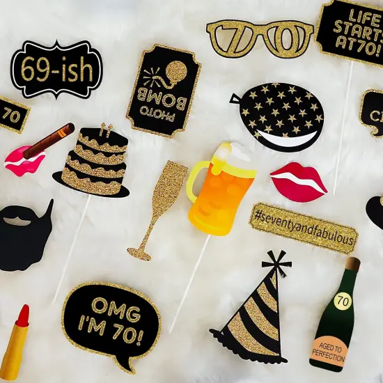 Adult 70th Birthday Photo Booth Props(41Pcs) for Her Him Cheers to 70 Years Birthday Party, Gold and Red Decorations {4}