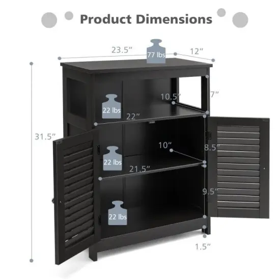 Bathroom Floor Cabinet with Louvered Doors and Open Shelf, Adjustable Storage Organizer Black {2}