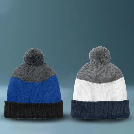 Port Authority&reg; Cozy Striped Pom Beanie Soft Acrylic Adjustable Cuff Warm Knit Hat Gusty Grey {2}