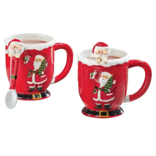 Collections Etc Red Santa Mugs with Spoons - Set of 2 {2}