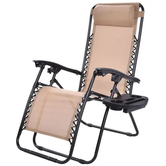 Set of 2 Folding Zero Gravity Recliner Chairs with Cup Holder Tray and Headrest for Patio or Lawn Burgundy {7}