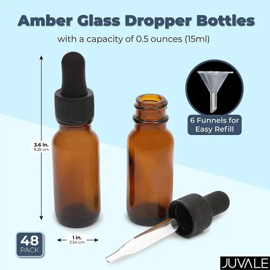 48 Pack .5 oz Amber Glass Bottles with Dropper Dispenser and 6 Funnels for Essential Oils, Aromatherapy, Liquids (54 Total Pieces, 15ml) {6}