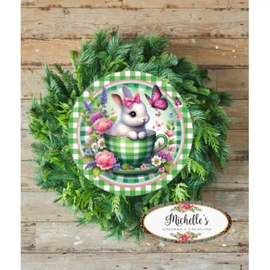Green Check Easter Spring Bunny Teacup Sign {3}