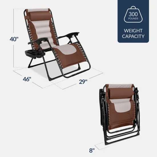 Best Choice Products Oversized Padded Zero Gravity Chair, Folding Outdoor Patio Recliner w/ Side Tray Brown/Oyster {2}