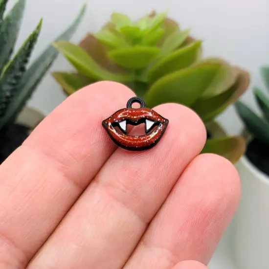Red and Black Enamel Vampire Teeth Charms, 11x13mm {2}