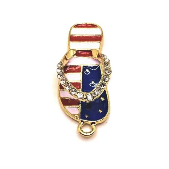 Red White and Blue Enamel Gold Plated Flip Flop Sandal 3D Charms with Rhinestones, 33x12mm {3}