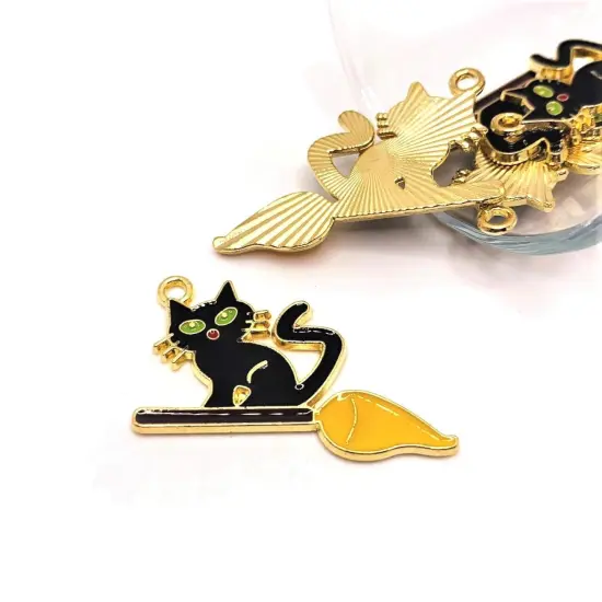 Black Enamel Witch Cat on Broom Charm, 21x34mm {1}