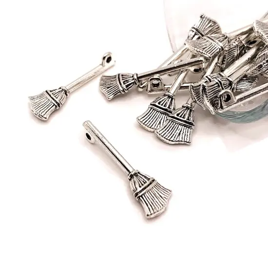 Silver Witch Halloween Broom 3D Charms, 27x10mm {1}