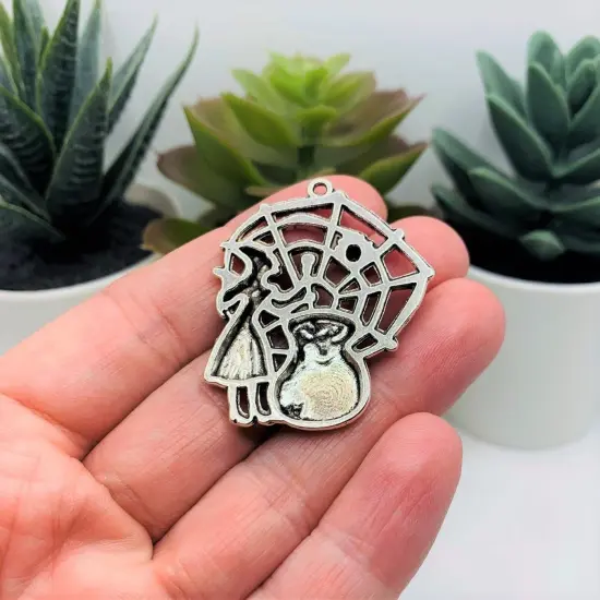 Large Silver Witch with Spider Web and Cauldron Pendant, 40x33mm {4}