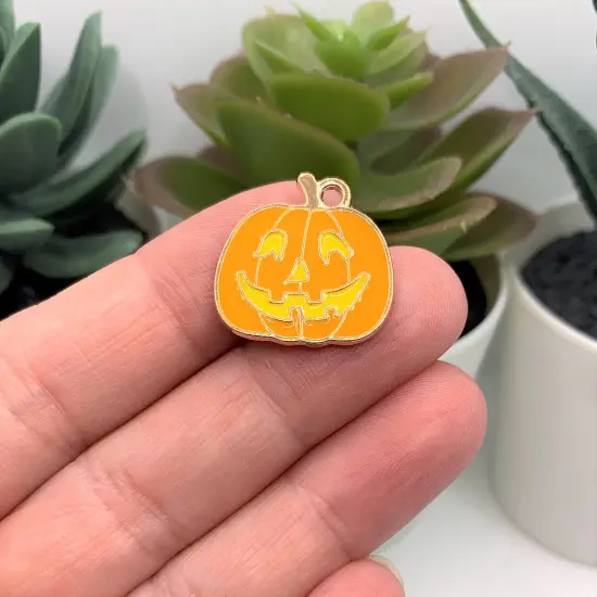 Orange and Yellow Enamel Jack O Lantern Pumpkin Charms, 20x20mm {2}