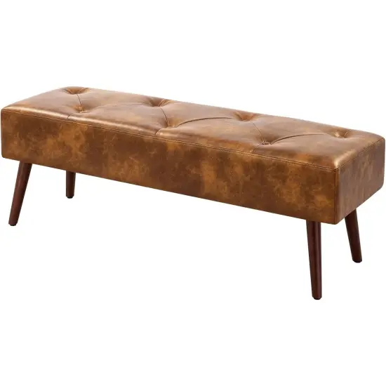 Leather Tufted Bed Bench with Metal Finish and Wood Legs Brown {1}