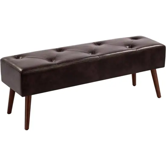 Leather Tufted Bed Bench with Metal Finish and Wood Legs Dark brown {6}