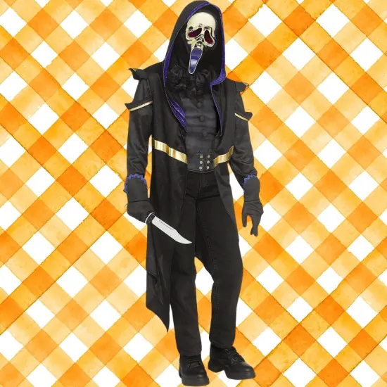 Adults Masquerade Ghost Costume with Hooded Coat and Gold Mask {2}