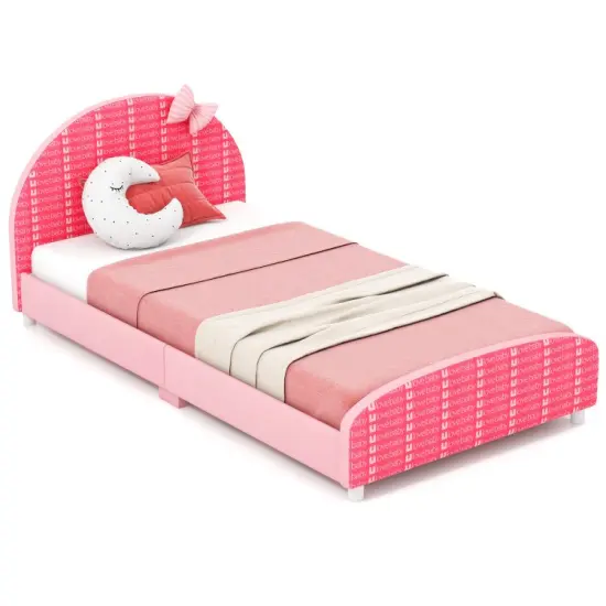 Wood Upholstered Kids Twin Bed Platform with Slat Support Pink {8}