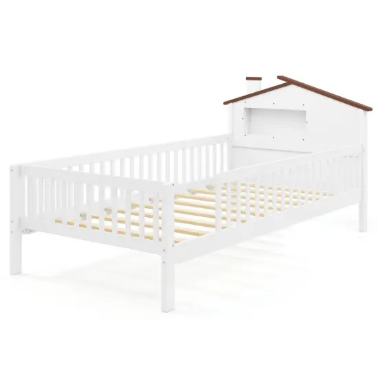 Wood Montessori Twin Bed with House-shaped Headboard, Guardrails, Built-in Storage Shelf White {7}
