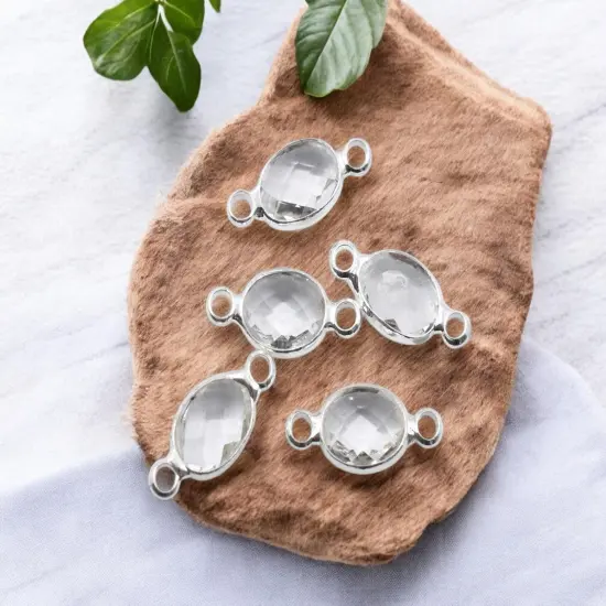 *10* 15x7mm Silver Plated Brass Surrounded Clear Glass Connectors {2}