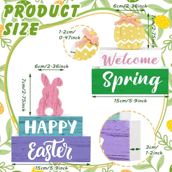 4 Pcs Spring Easter Decorations Reversible Welcome Spring Tabletop Decor Happy Easter Bunny Egg Wood Signs Double Side Rustic Farmhouse Tiered Tray Decor for Home Table Shelf Centerpieces {2}