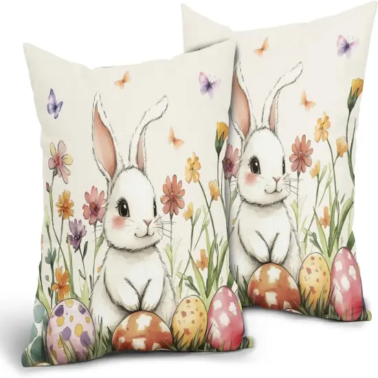 Happy Easter Pillow Covers 18x18 Inch Cute Bunny Easter Egg and Floral Outdoor Throw Pillows Set of 2 Spring Flowers Pillowcases {2}