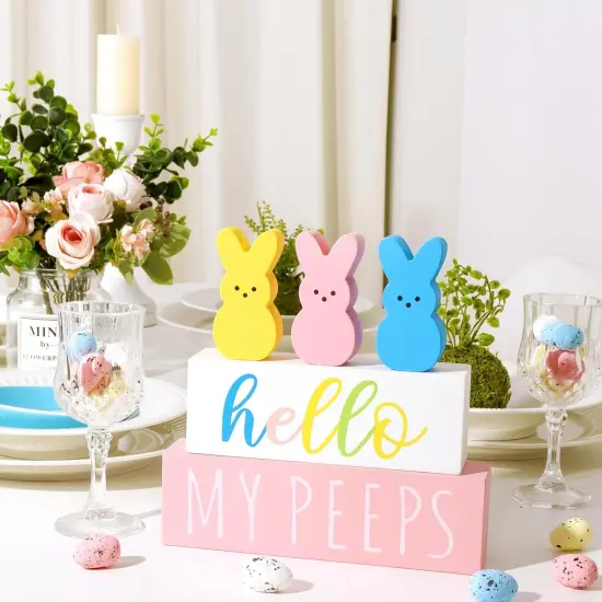 Easter Decorations for the Home: 5pcs Easter Bunny Wooden Table Centerpiece Signs {3}