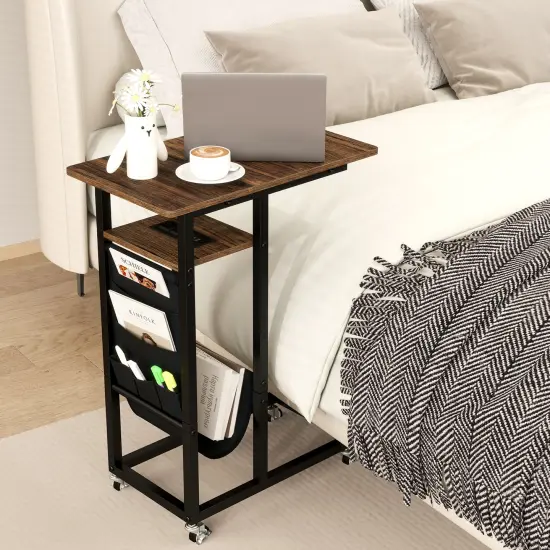 C-shaped End Table with Charging Station and Retractable Tabletop-Rustic Brown {2}