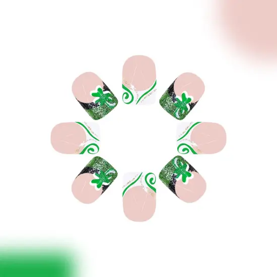 St.Patrick's Day Press On Nails Short Square Fake Nails Glitter Clover Design Acrylic Press on Nails Green White French Tip False Nails Glossy Glue on Nails Short Lucky Stick on Nails for Women 24PCS {3}