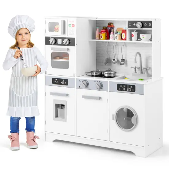Pretend Play Kitchen Wooden Toy Set Kitchen Accessory Playset with Real Lights Sounds-White {4}
