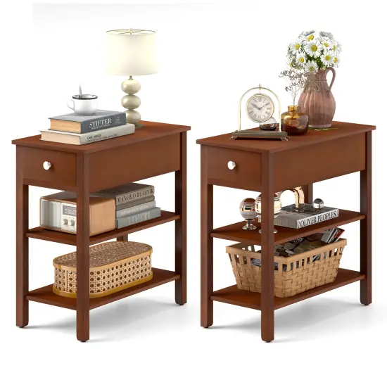 3-Tier Narrow End Table with Drawer and Storage Shelves Set of 2-Brown {4}