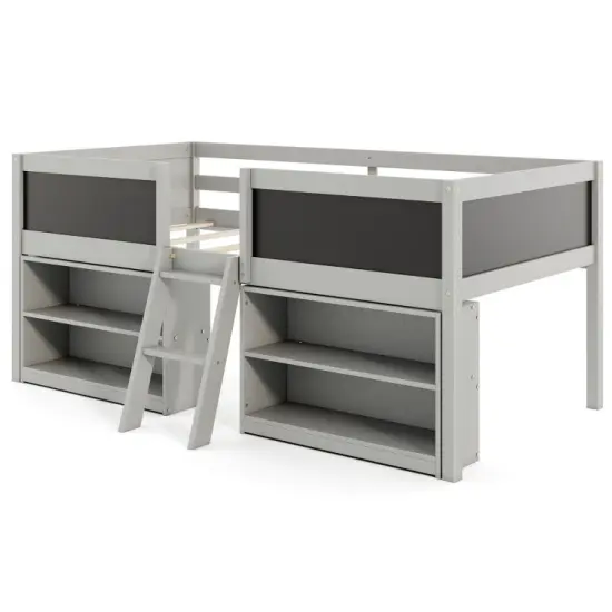 Twin Loft Bed with Chalkboards, Bookcases, Storage Shelf, Guardrails, and Sturdy Wood Construction White {7}