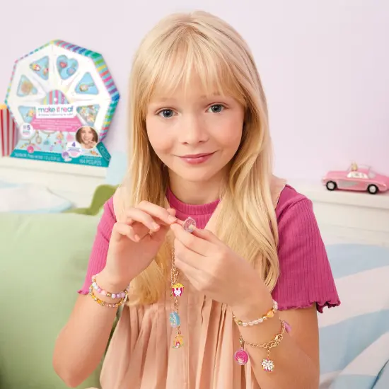 Make It Real: Sweet Spin Carnival Lip Gloss Bracelets - 104pc, DIY Jewelry Craft Kit, Design 5 Charm Chain Bracelets, Strawberry-Scented Gloss, Kid 8+ {6}