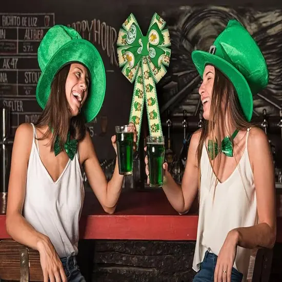 2 Rolls St Patrick's Day Ribbon, 2.55" x 5 Yards, Wired Edge Ribbon with Leprechaun & Shamrock Pattern, Green Plaid Border Decorative Ribbon for Holiday Party Home Decor Wreath Making Gift Wrap {3}