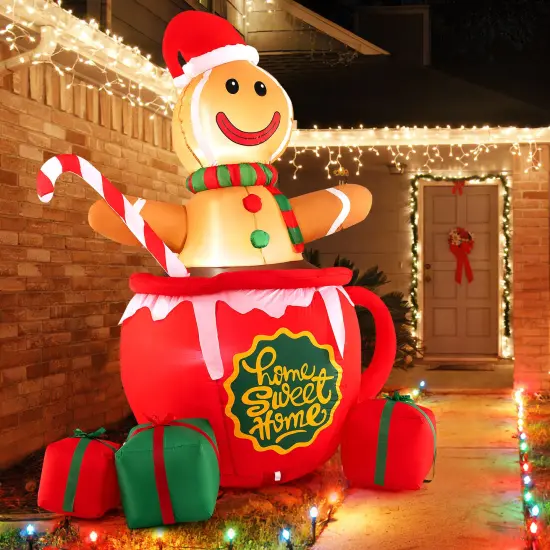7 Feet Inflatable Gingerbread Man Hot Cocoa Mug with Built-in LED Lights and Gift Boxes {5}